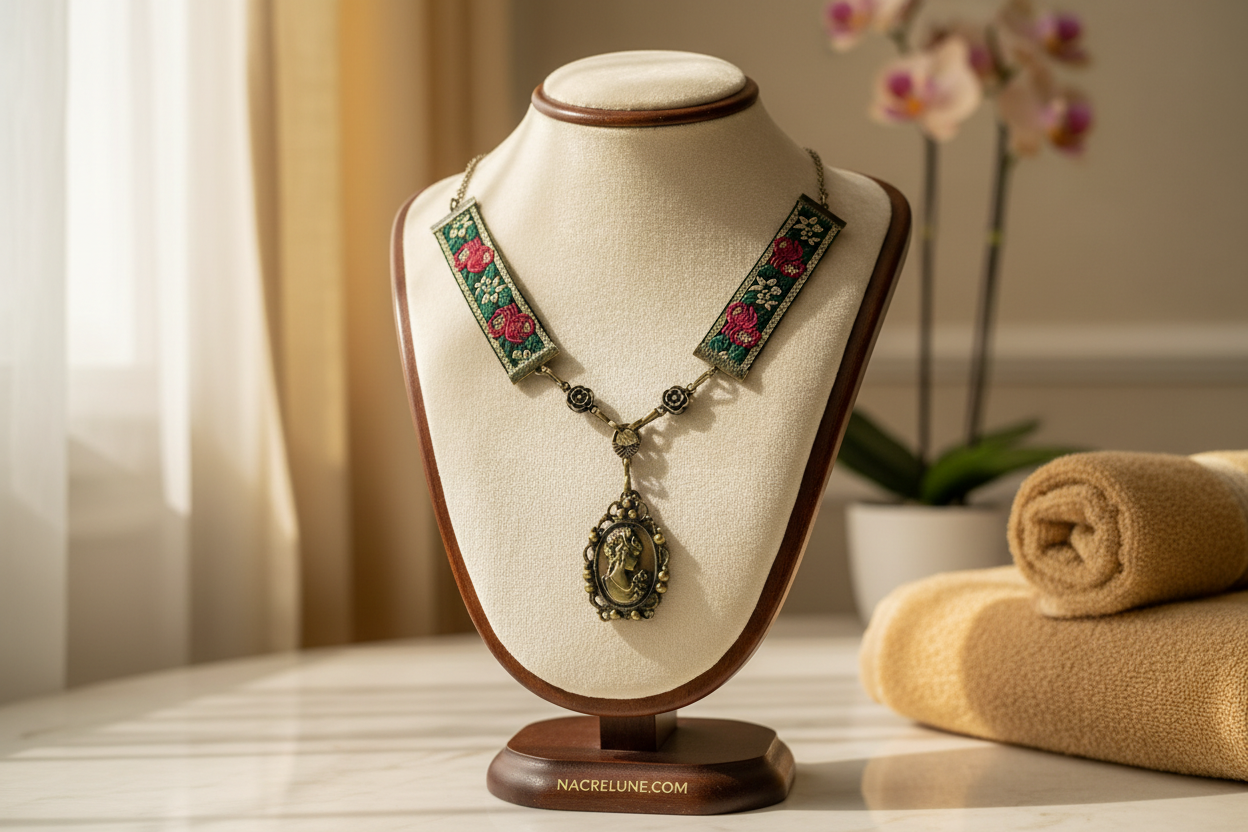 collier avec ruban brocard et camée métallique nacrelune.com collier