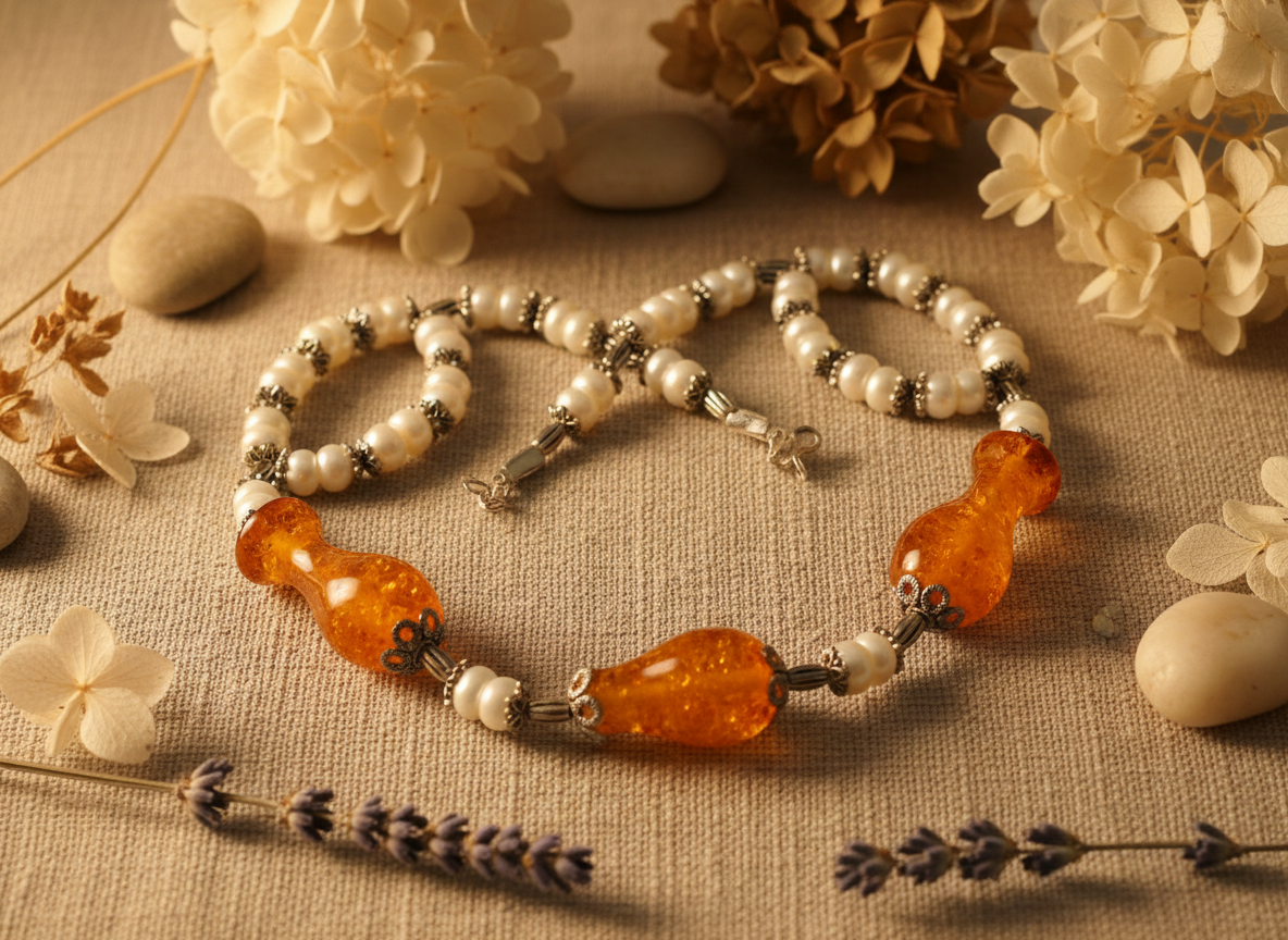 Collier en perles culture avec perles d'ambres pressé NACRELUNE parure