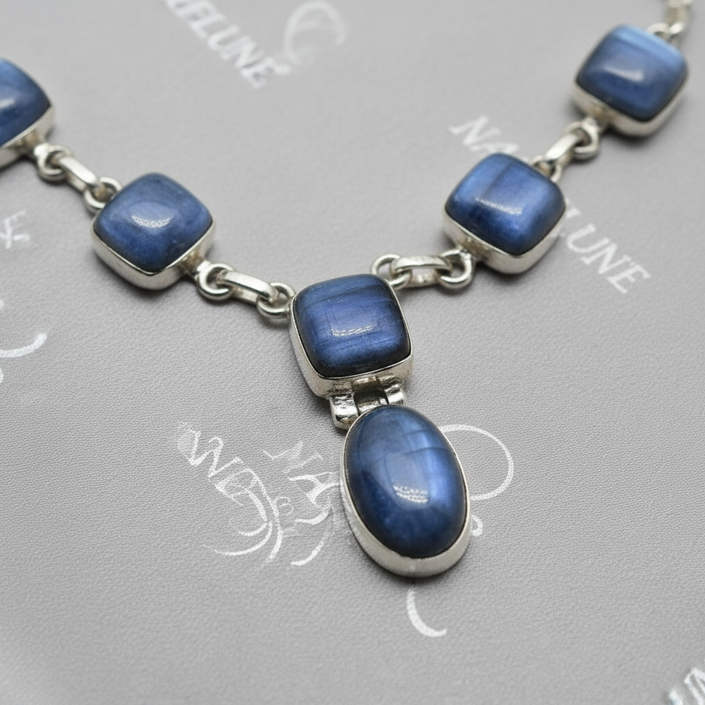 Collier en argent 905 avec kyanites polies nacrelune.com collier