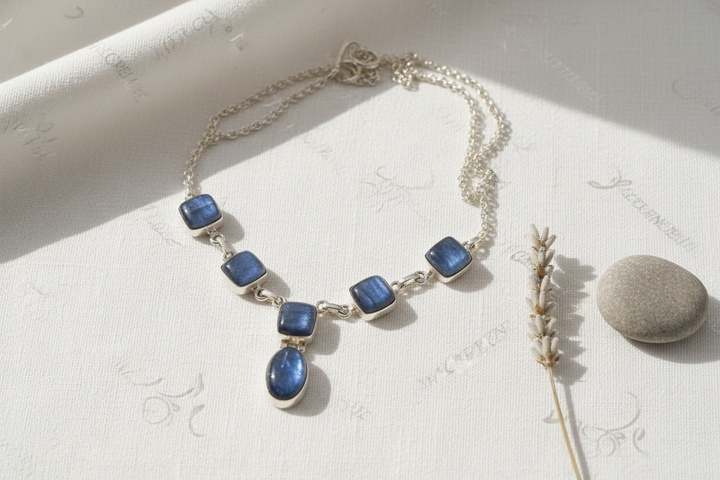 Collier en argent 905 avec kyanites polies nacrelune.com collier