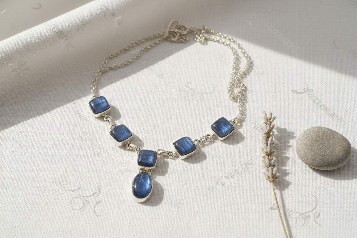 Collier en argent 905 avec kyanites polies nacrelune.com collier
