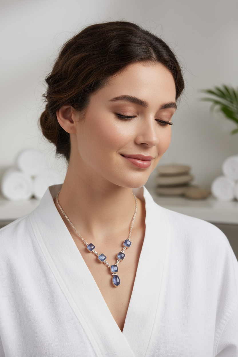 Collier en argent 905 avec kyanites polies nacrelune.com collier