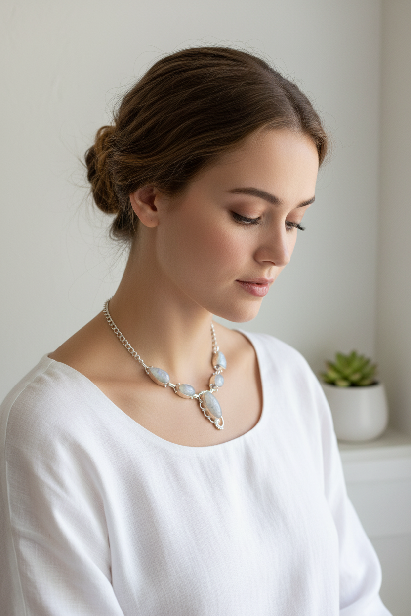 Collier en argent et pierres de lune nacrelune.com collier