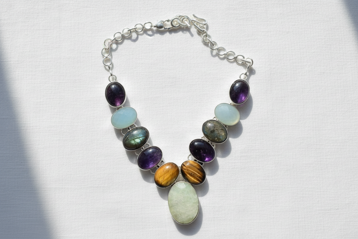 Collier en argent 925 et pierres fines avec opalites nacrelune.com collier