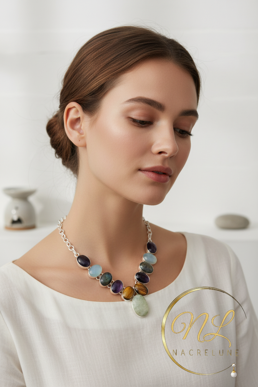 Collier en argent 925 et pierres fines avec opalites nacrelune.com collier