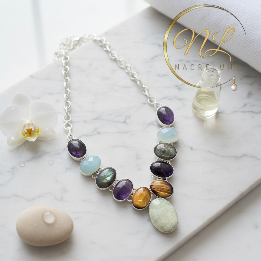 Collier en argent 925 et pierres fines avec opalites nacrelune.com collier