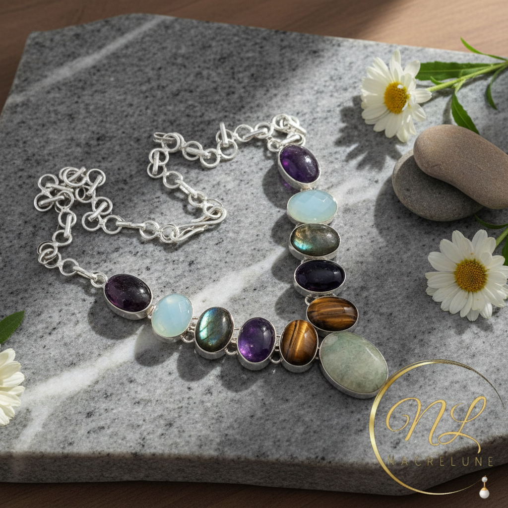 Collier en argent 925 et pierres fines avec opalites nacrelune.com collier