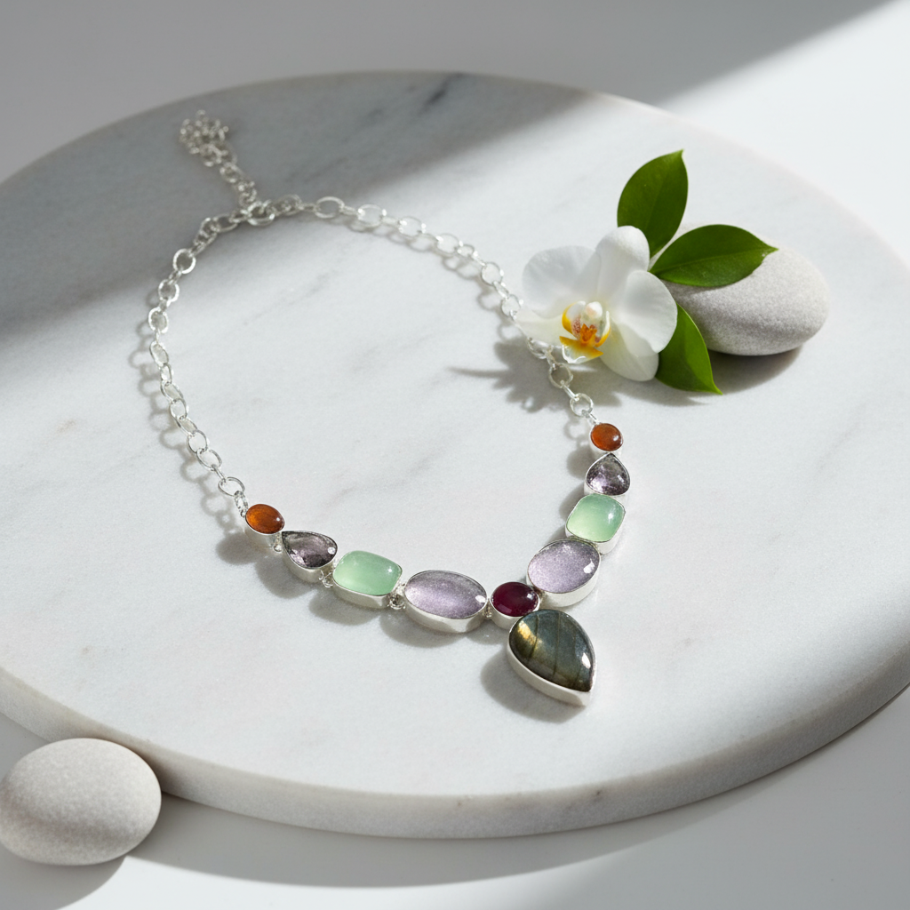 Collier en argent 925 et pierres fines avec labradorite nacrelune.com collier