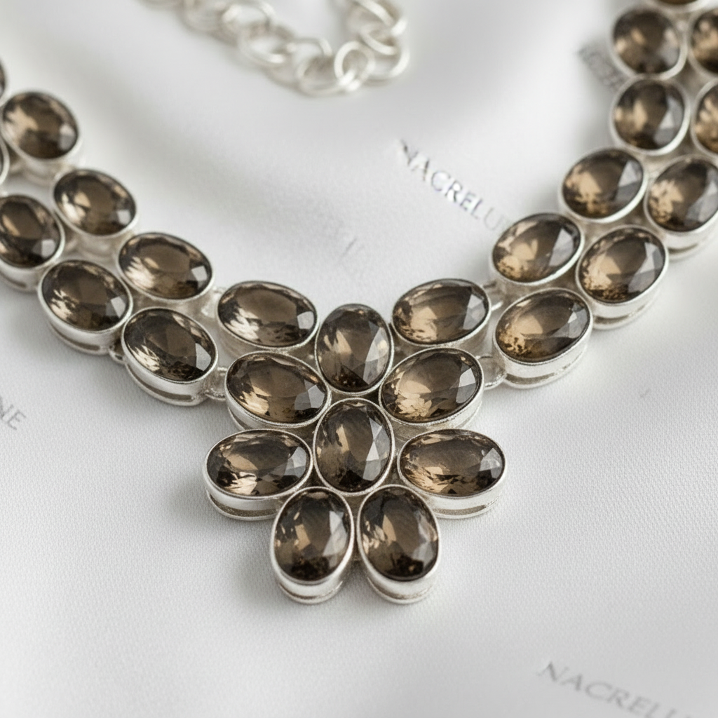 Collier en argent 925 et quartz fumés taillés nacrelune.com collier
