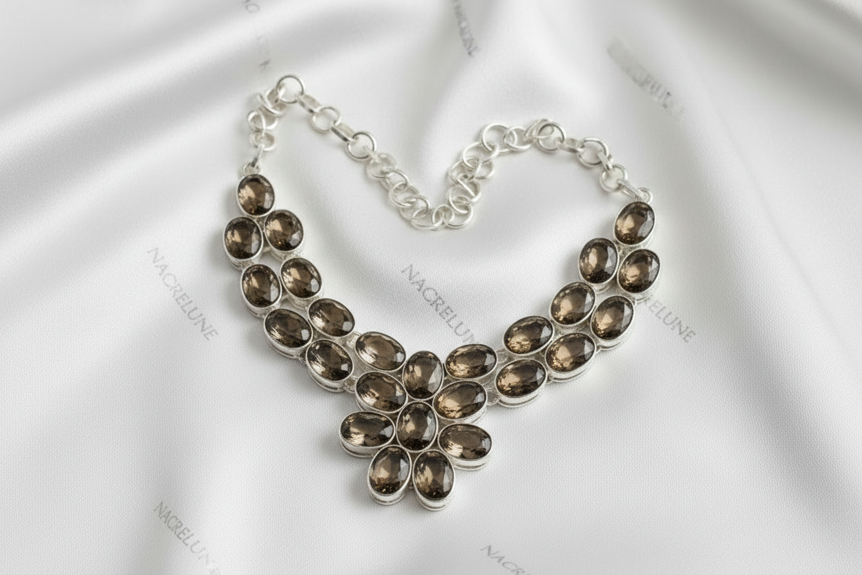 Collier en argent 925 et quartz fumés taillés nacrelune.com collier