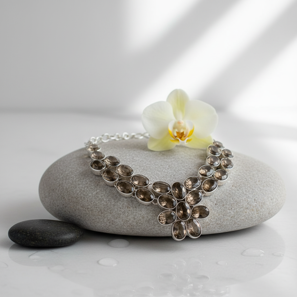 Collier en argent 925 et quartz fumés taillés NACRELUNE collier