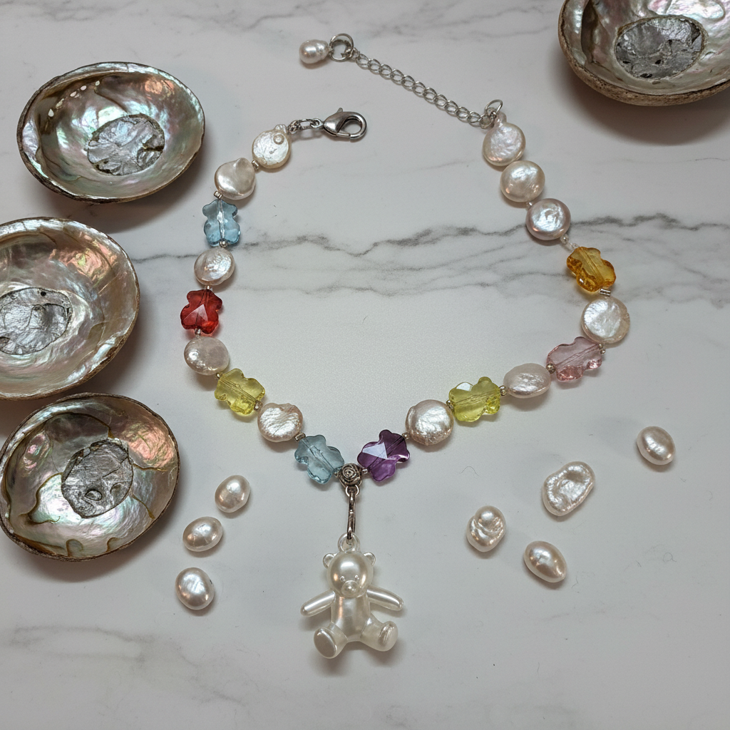 Collier Perles de Nacre Véritable et Strass avec Pendentif Ourson nacrelune.com collier