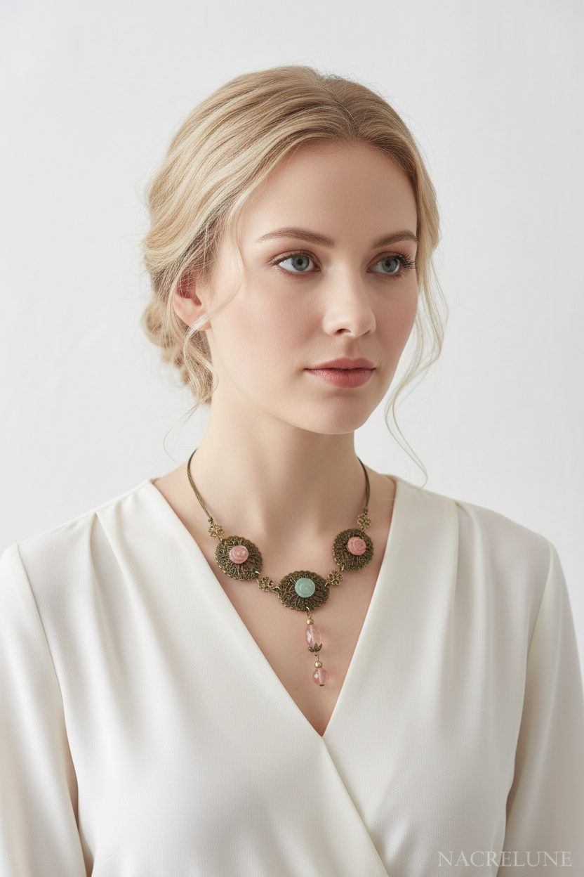 Collier en métal avec fleurs en aventurine sculptées et quartz rouges nacrelune.com collier
