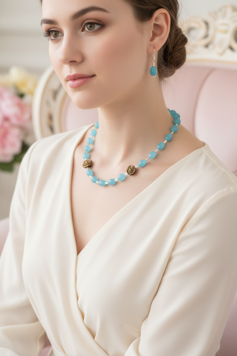 parure en perles de quartz bleus et fleurs sculptées en oeil du tigre nacrelune.com parure