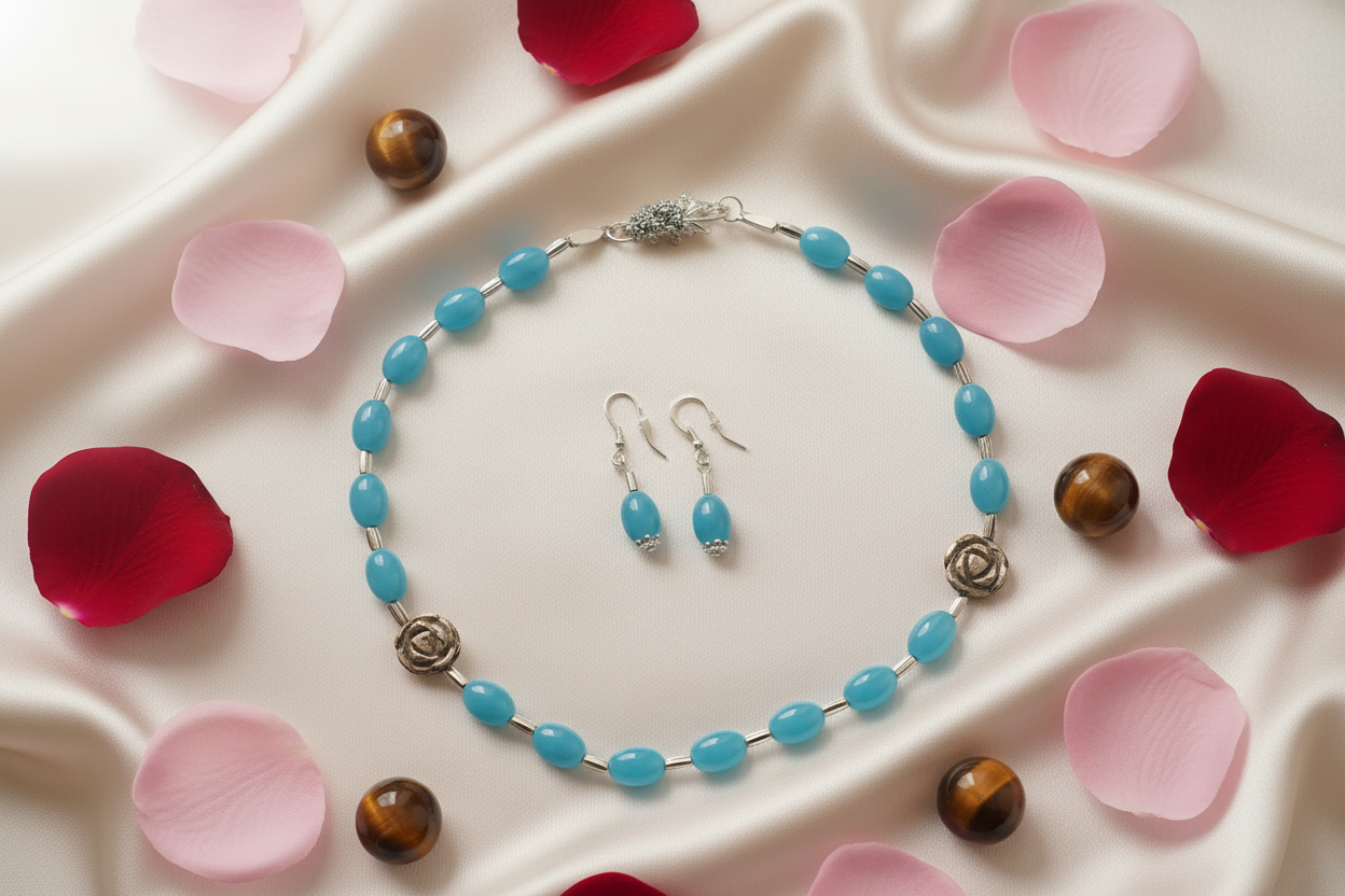 parure en perles de quartz bleus et fleurs sculptées en oeil du tigre nacrelune.com parure