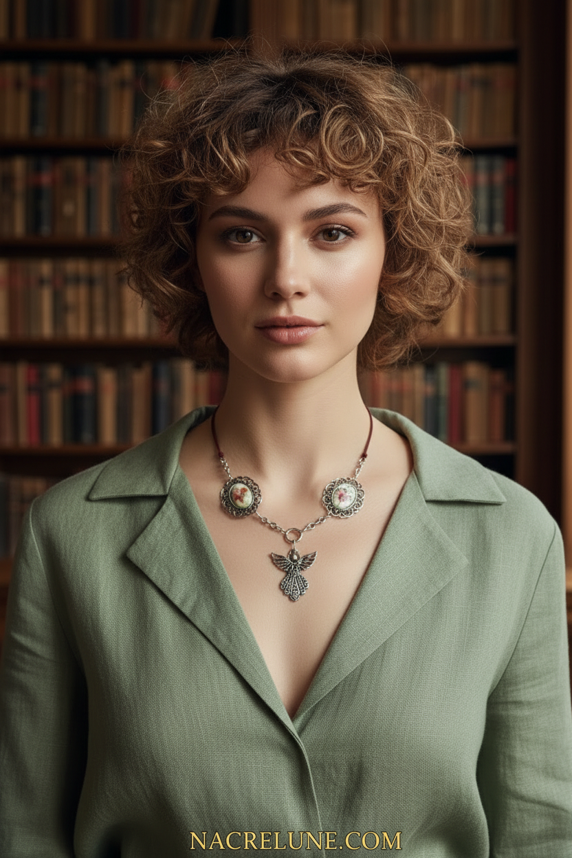 Collier fait de petits camées représentant un ange et des fées des fleurs nacrelune.com collier
