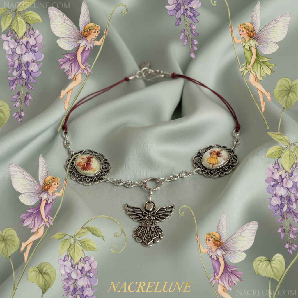 Collier fait de petits camées représentant un ange et des fées des fleurs nacrelune.com collier