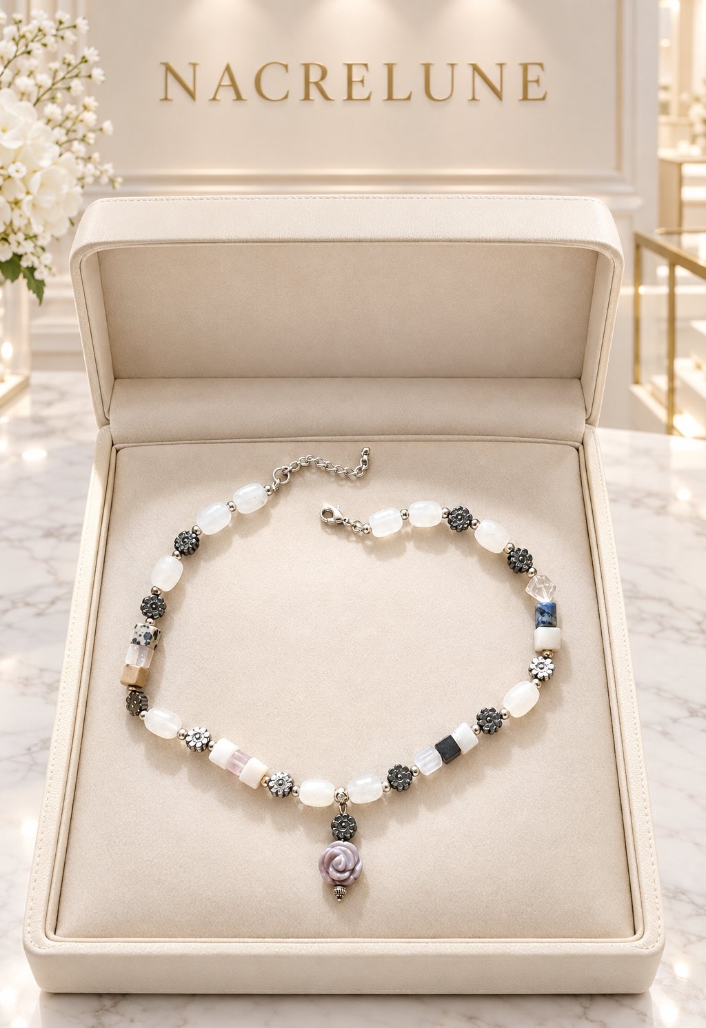 Collier dans un écrin crème sur marbre blanc