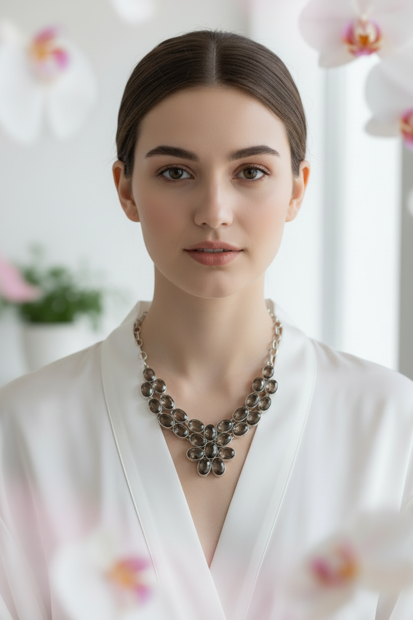 Collier en argent 925 et quartz fumés taillés nacrelune.com collier