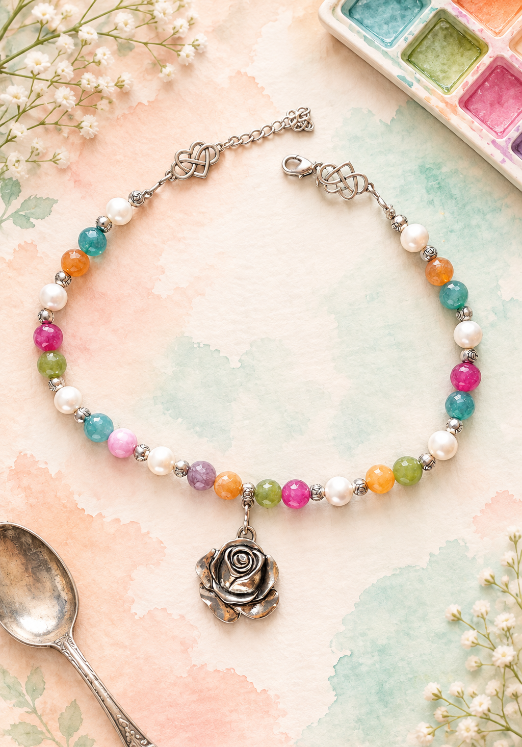 Collier en cercle sur aquarelle pêche et menthe