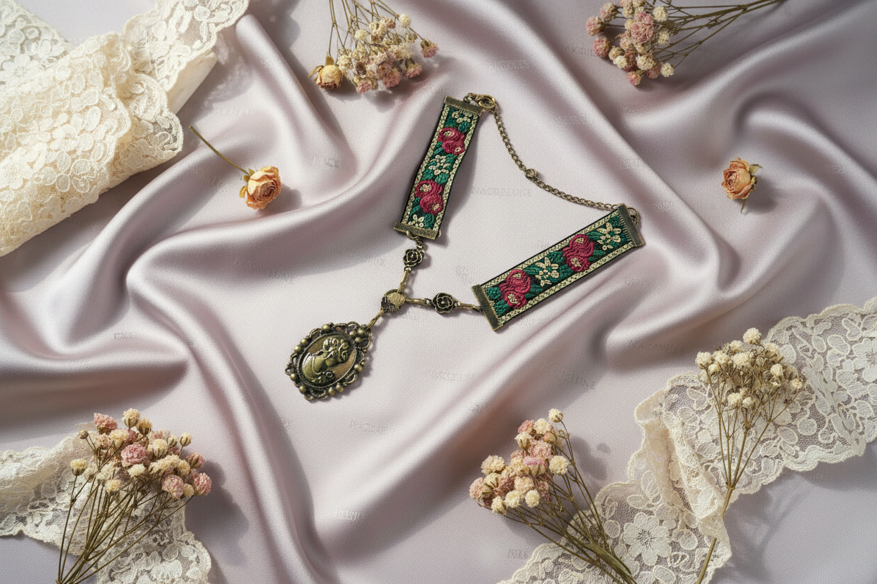 collier avec ruban brocard et camée métallique nacrelune.com collier