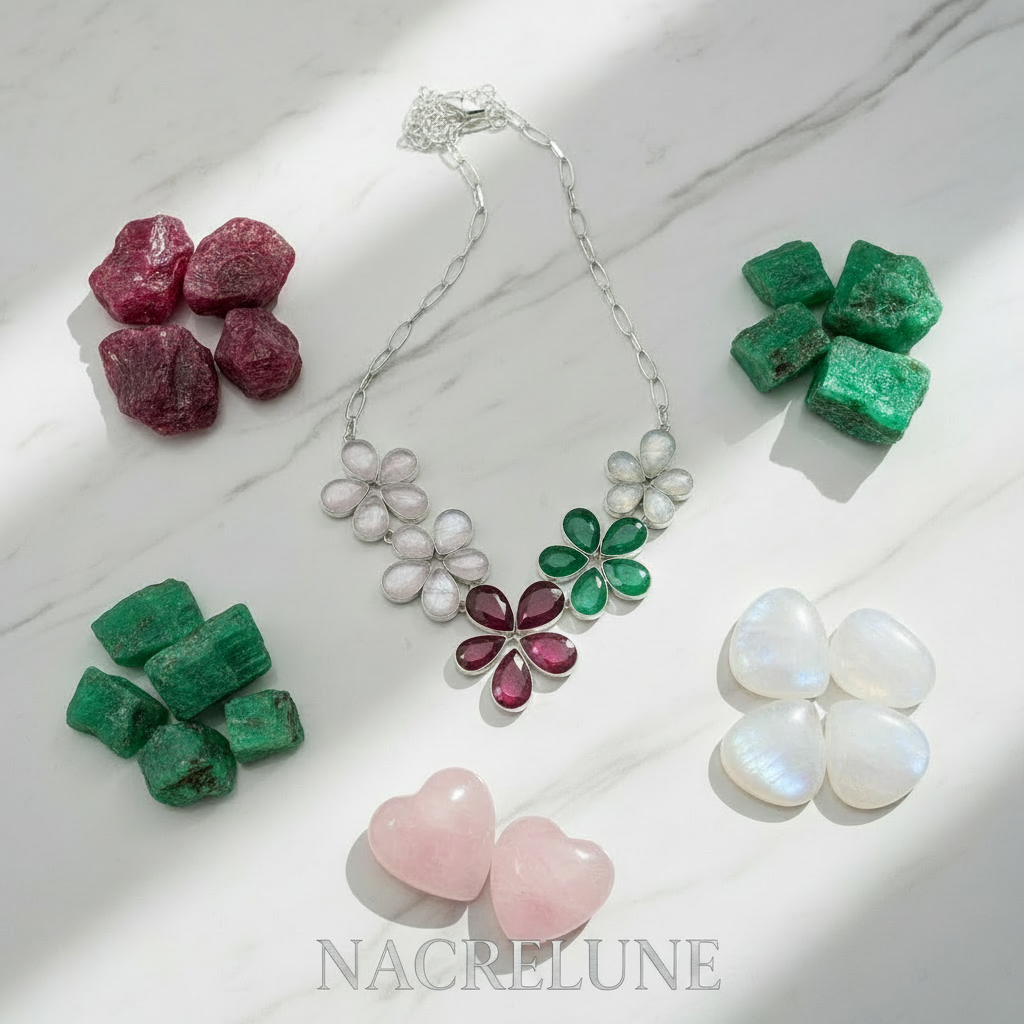 Collier en argent avec rubis émeraudes quartz roses et pierres de lune taillées en forme de fleurs nacrelune.com collier