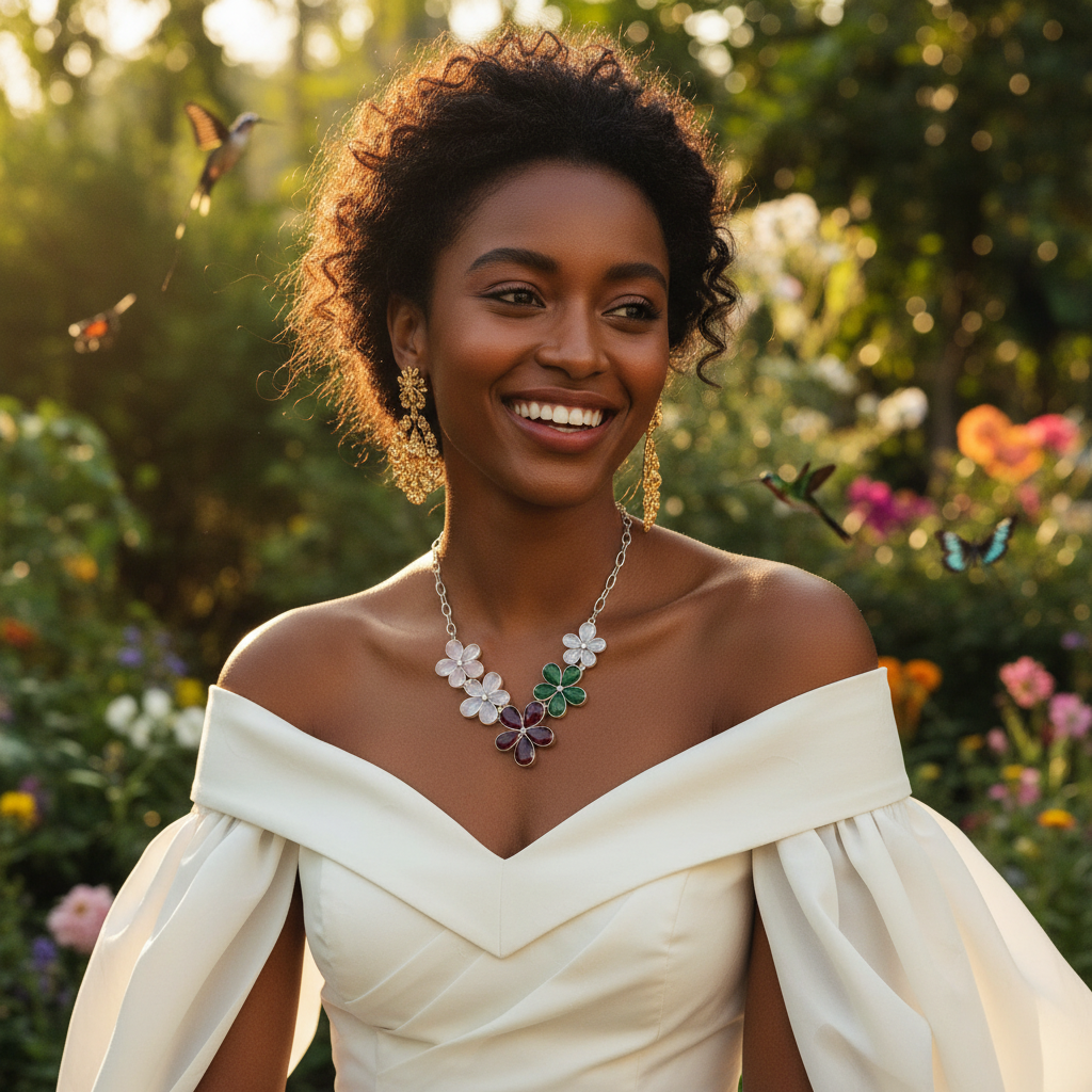Collier en argent avec rubis émeraudes quartz roses et pierres de lune taillées en forme de fleurs nacrelune.com collier