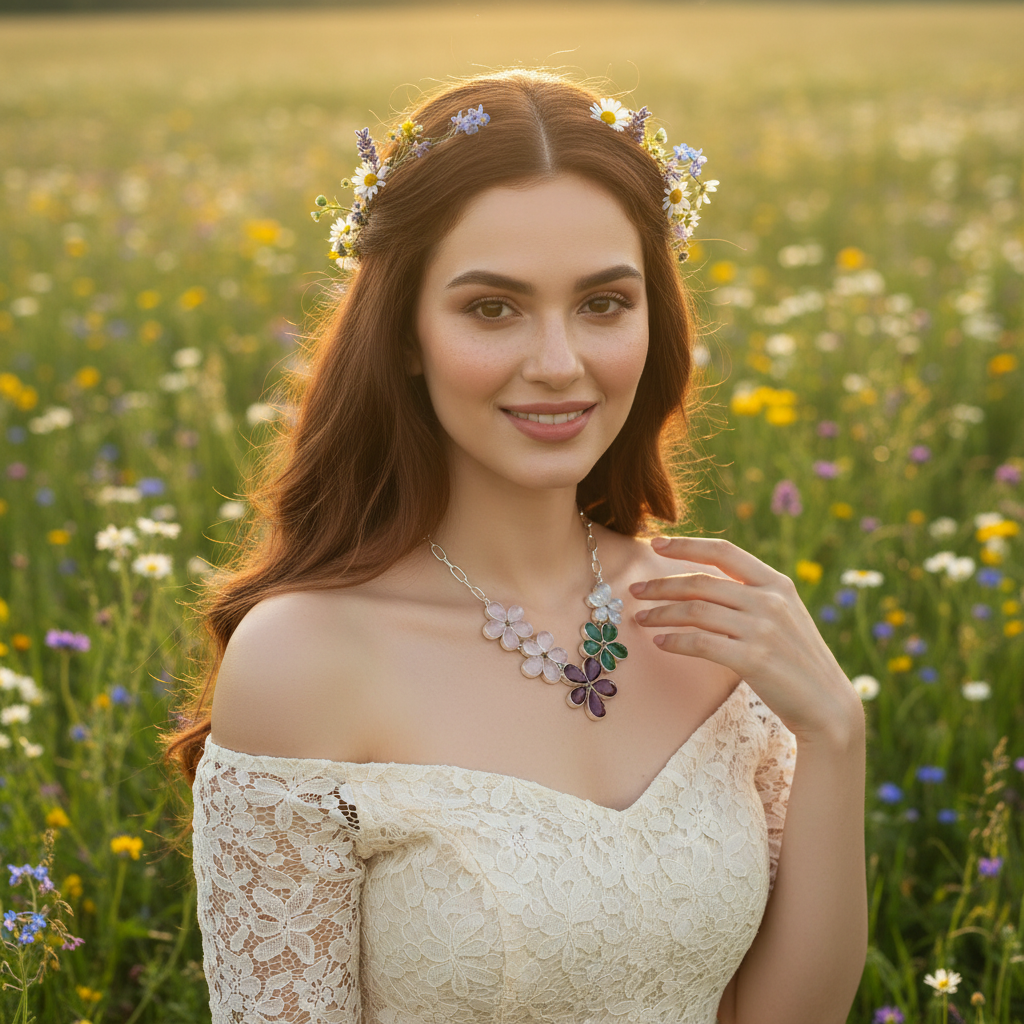 Collier en argent avec rubis émeraudes quartz roses et pierres de lune taillées en forme de fleurs nacrelune.com collier