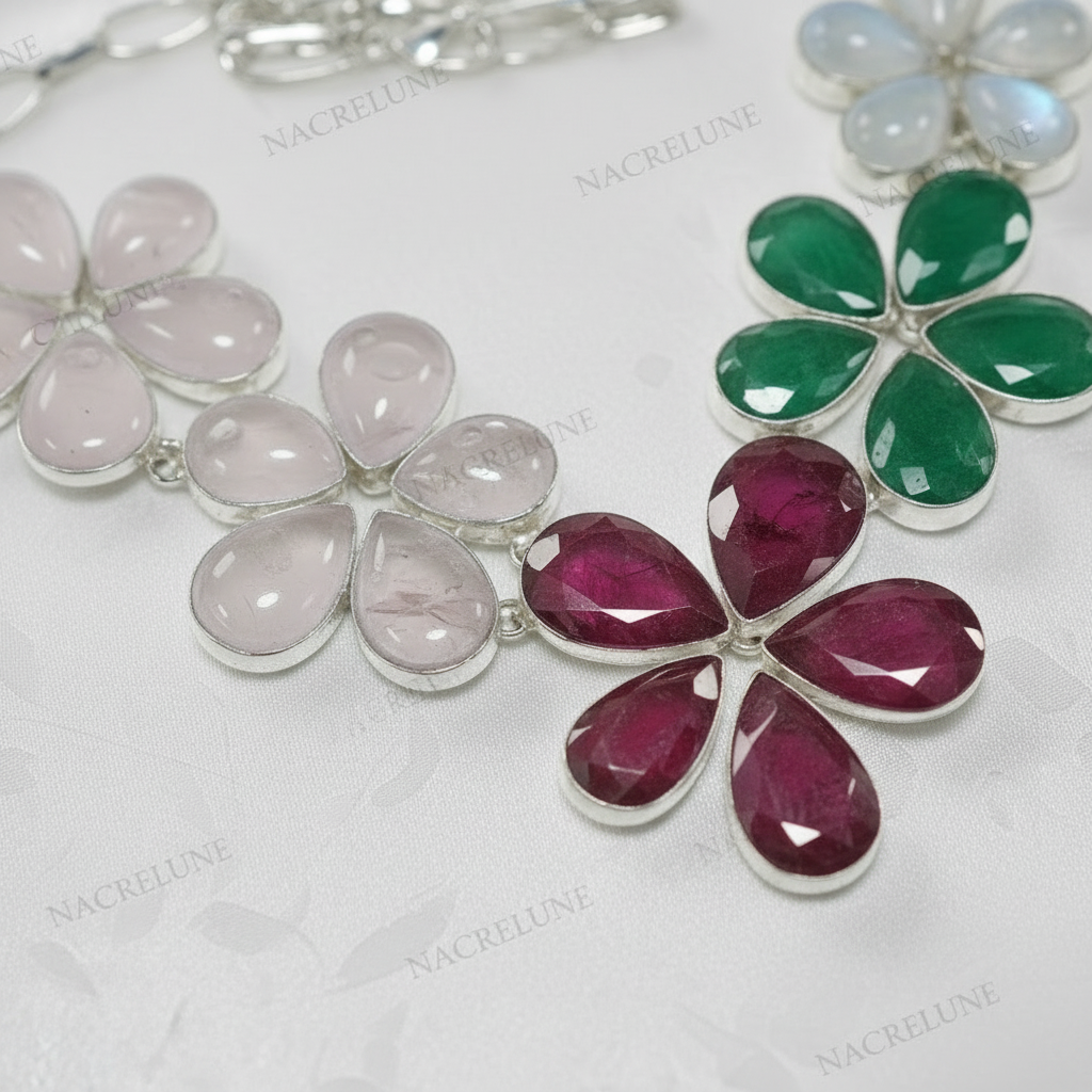 Collier en argent avec rubis émeraudes quartz roses et pierres de lune taillées en forme de fleurs nacrelune.com collier
