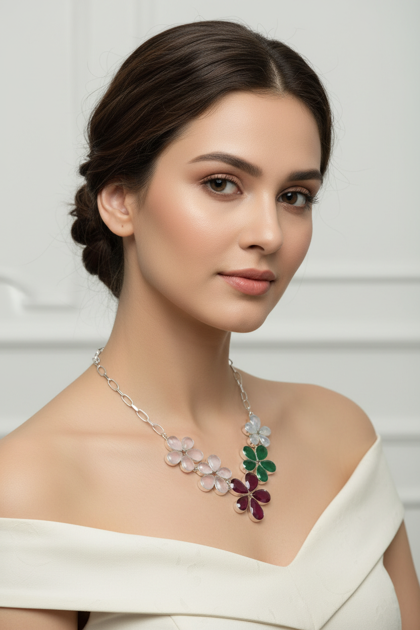 Collier en argent avec rubis émeraudes quartz roses et pierres de lune taillées en forme de fleurs nacrelune.com collier