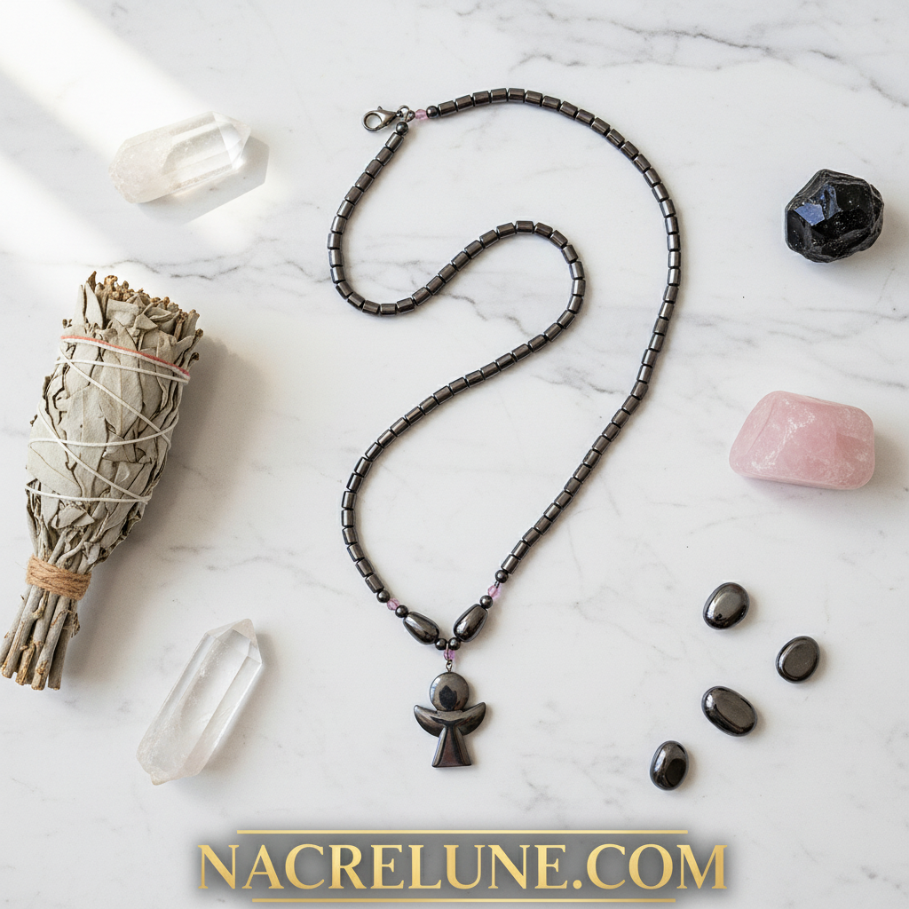 Collier en hématites avec ange gardien nacrelune.com collier