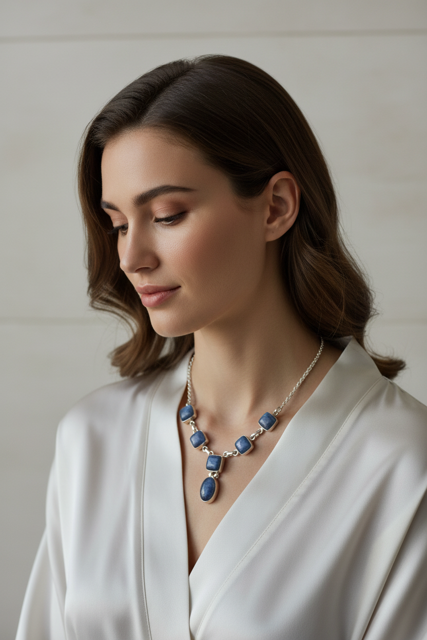 Collier en argent 905 avec kyanites polies nacrelune.com collier