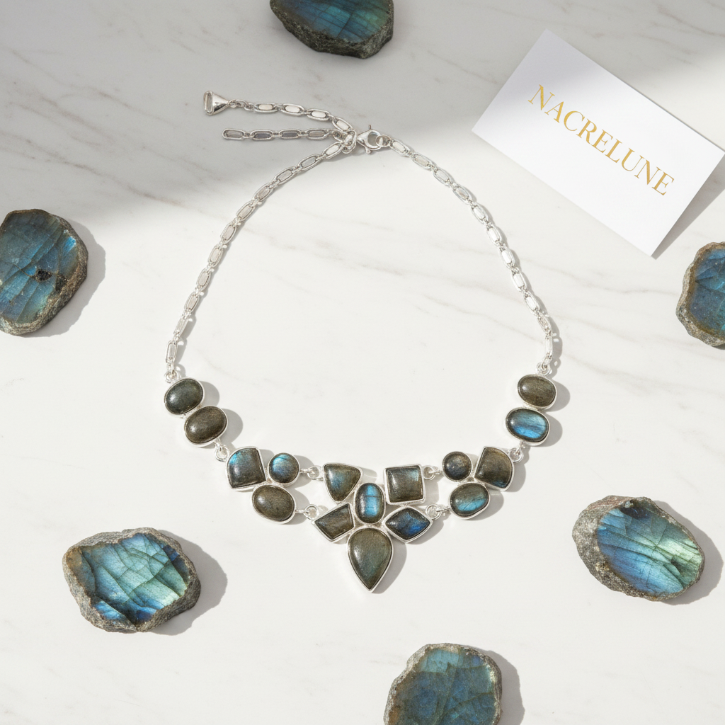 Collier en argent 925 avec labradorites naturelles nacrelune.com collier