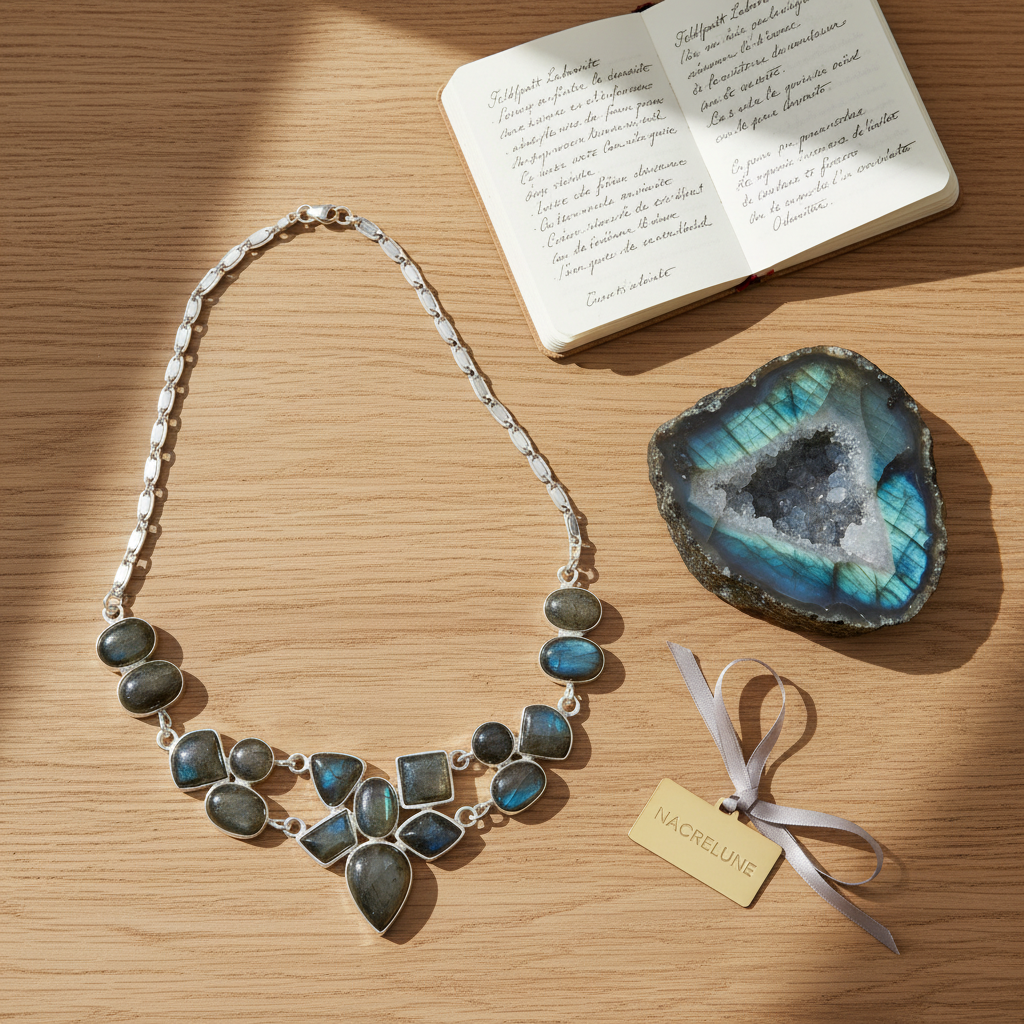 Collier en argent 925 avec labradorites naturelles nacrelune.com collier