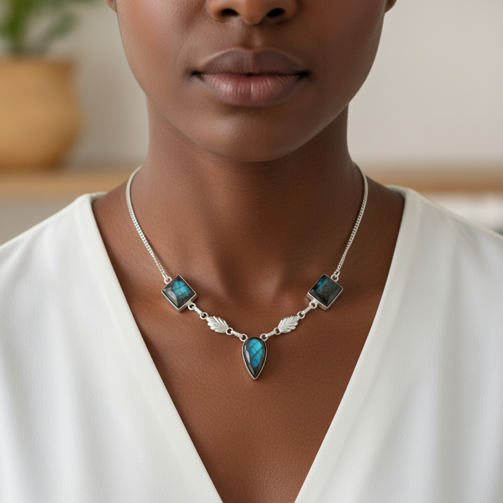 Collier argent 925 et labradorites polies nacrelune.com collier