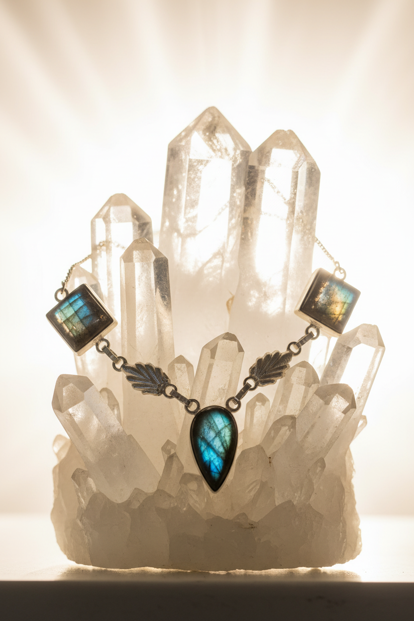 Collier argent 925 et labradorites polies nacrelune.com collier