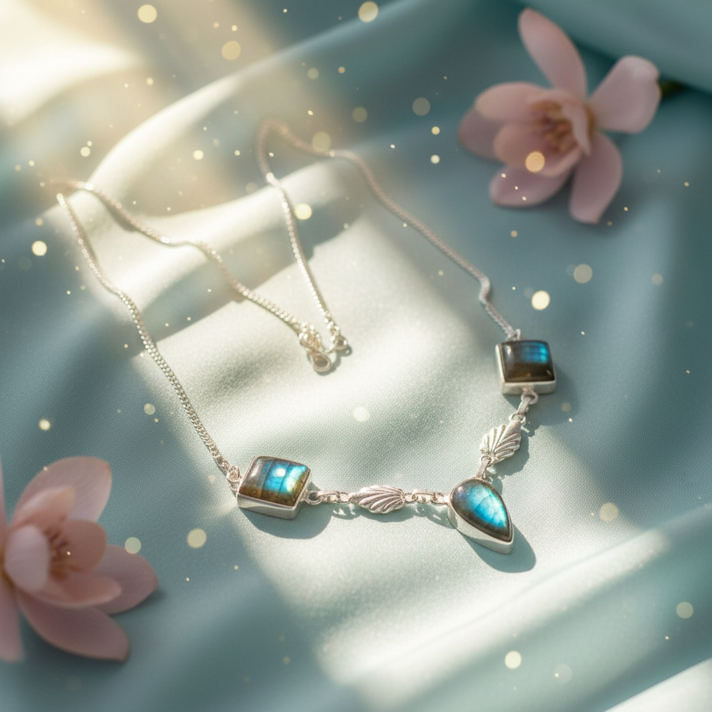 Collier argent 925 et labradorites polies nacrelune.com collier
