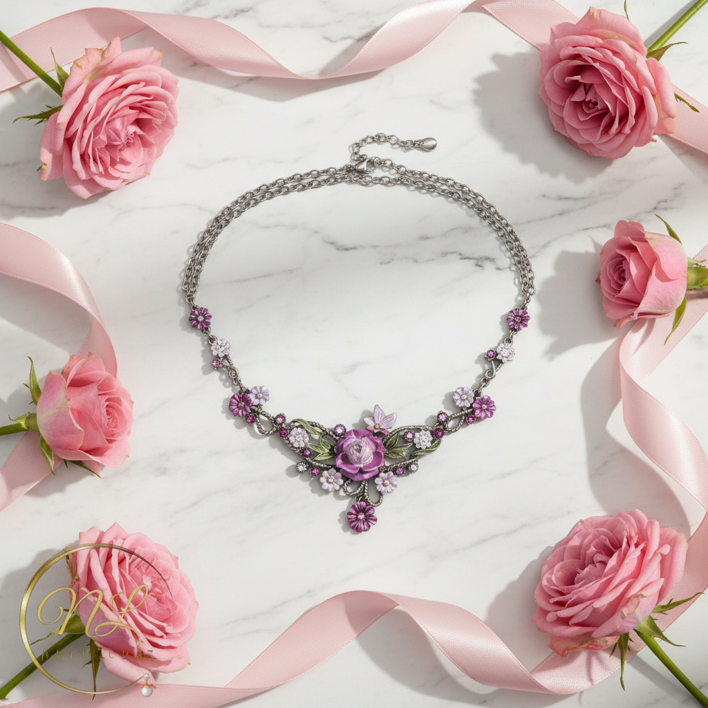 Collier fleurs en émail nacrelune.com collier