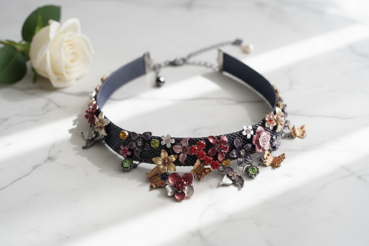 Collier en maille semi rigide avec fleurs et papillons nacrelune.com collier