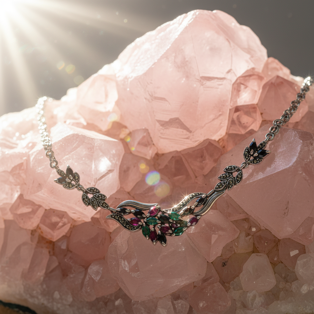 Collier en argent 925 et marcassites avec pierres précieuses nacrelune.com collier