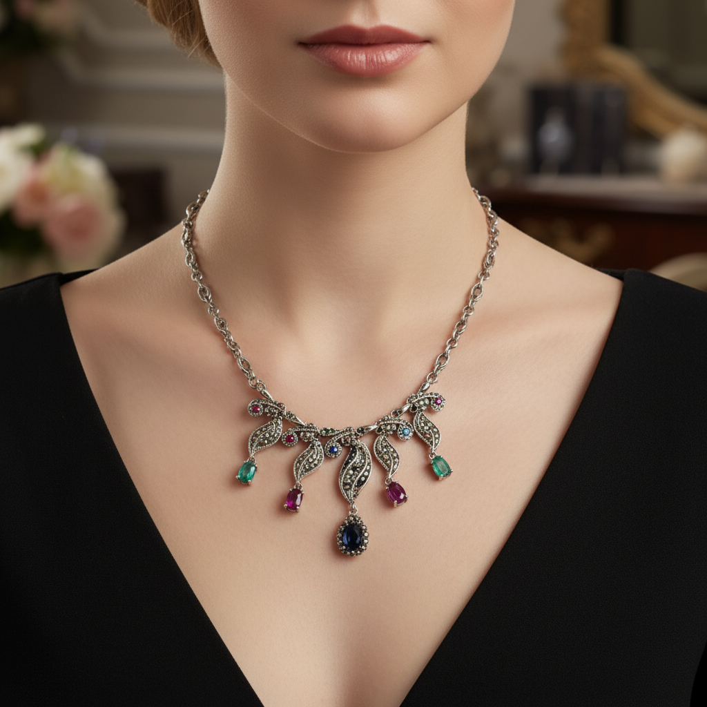 Collier en argent 925 et marcassites avec rubis émeraudes et saphirs nacrelune.com collier