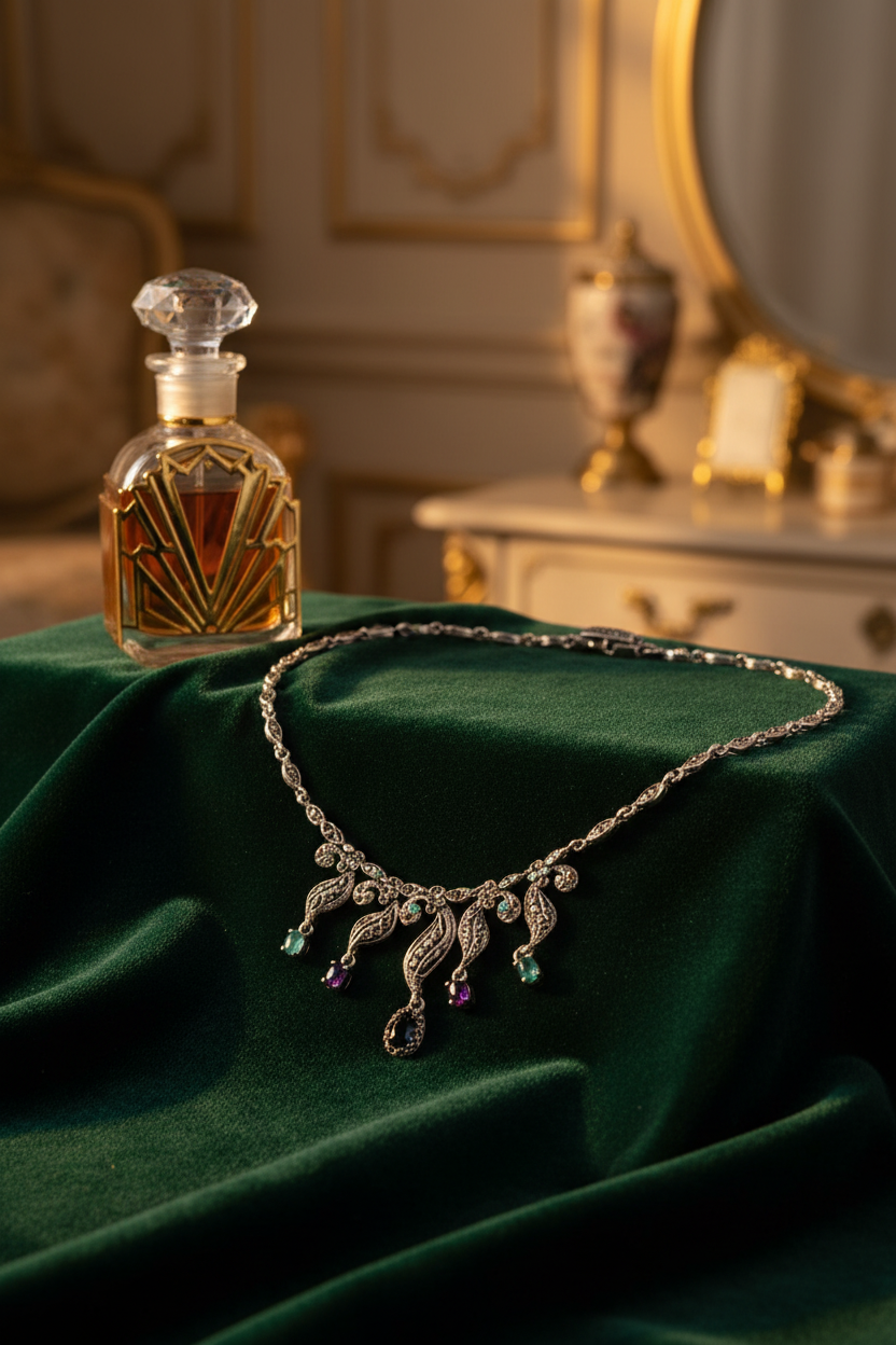 Collier en argent 925 et marcassites avec rubis émeraudes et saphirs nacrelune.com collier