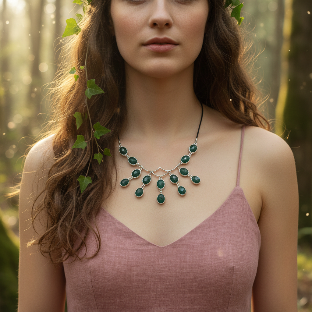 Collier en argent 925 avec émeraudes taillées sur lien de cuir nacrelune.com collier