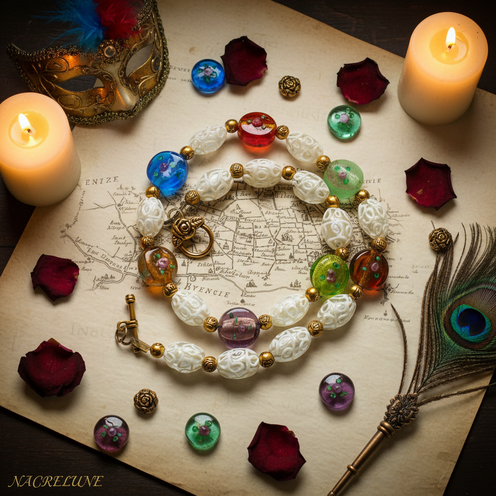collier en perles de verre décorées et perles de verre dentelle blanche nacrelune.com collier