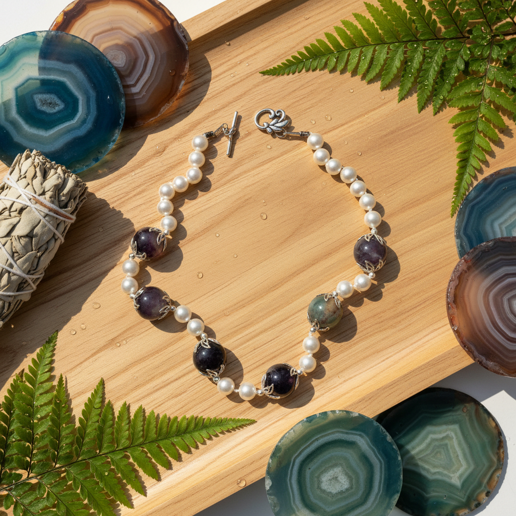 Collier en perles de nacre et grandes agates indiennes nacrelune.com collier