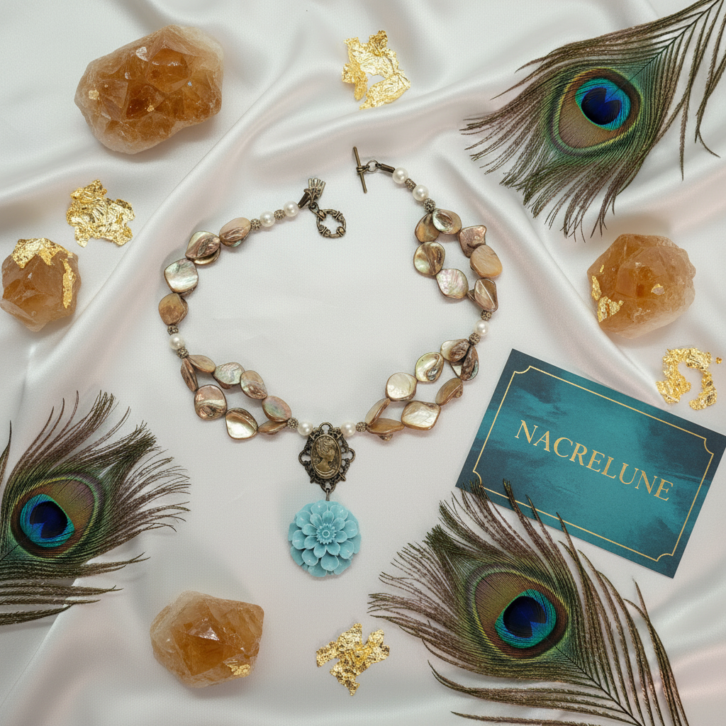 Collier en nacre doré et turquoise en résine nacrelune.com collier