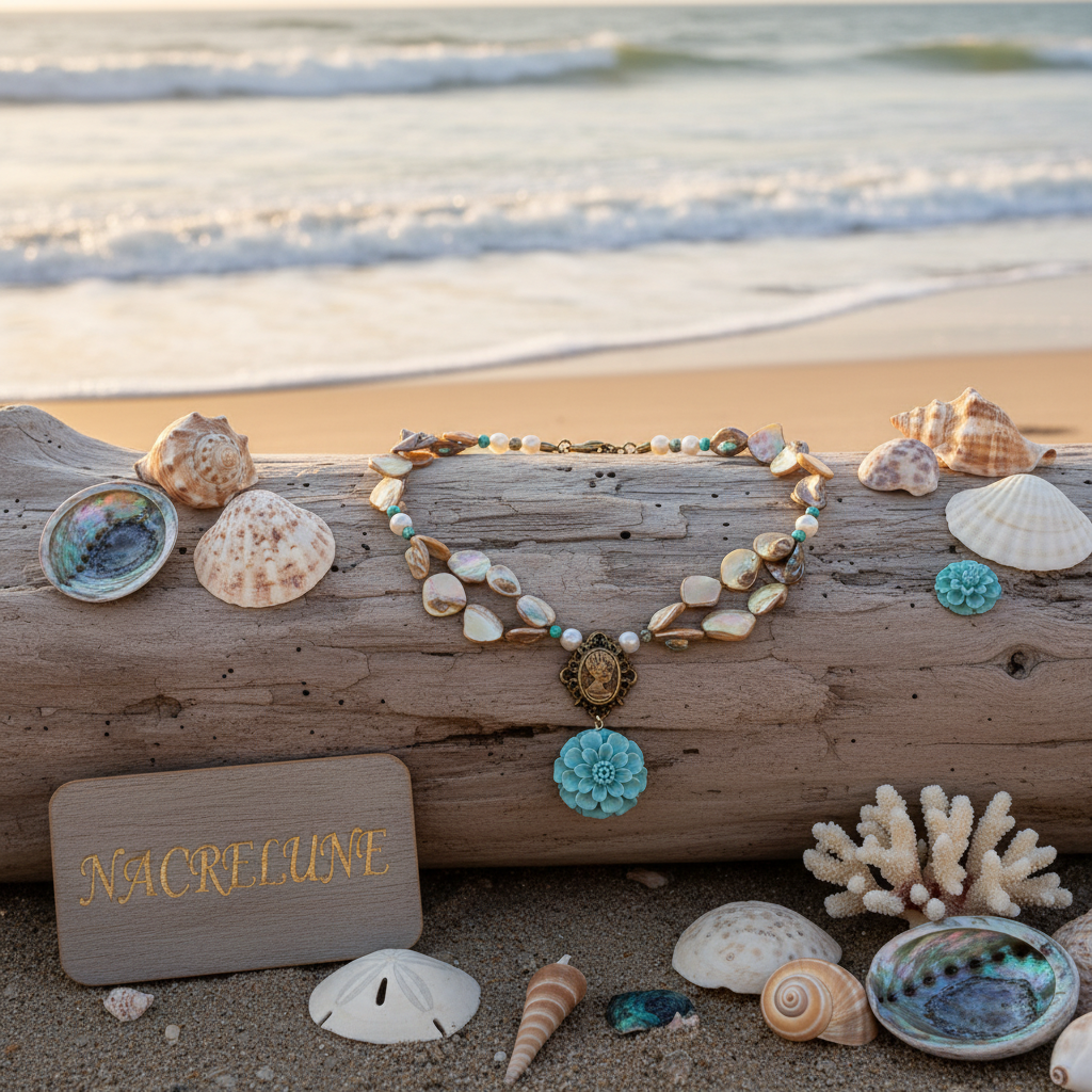 Collier en nacre doré et turquoise en résine nacrelune.com collier