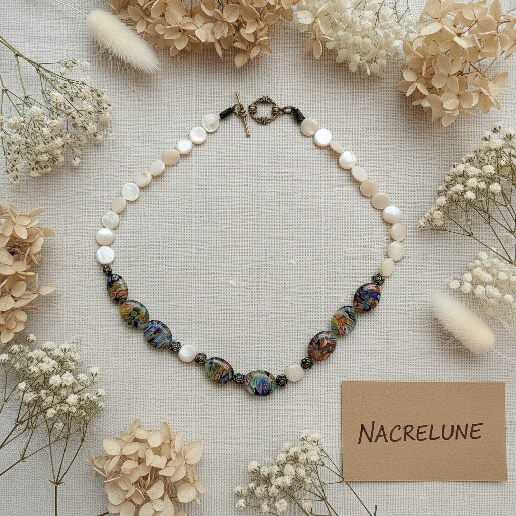 Collier nacre et millefiori nacrelune.com collier