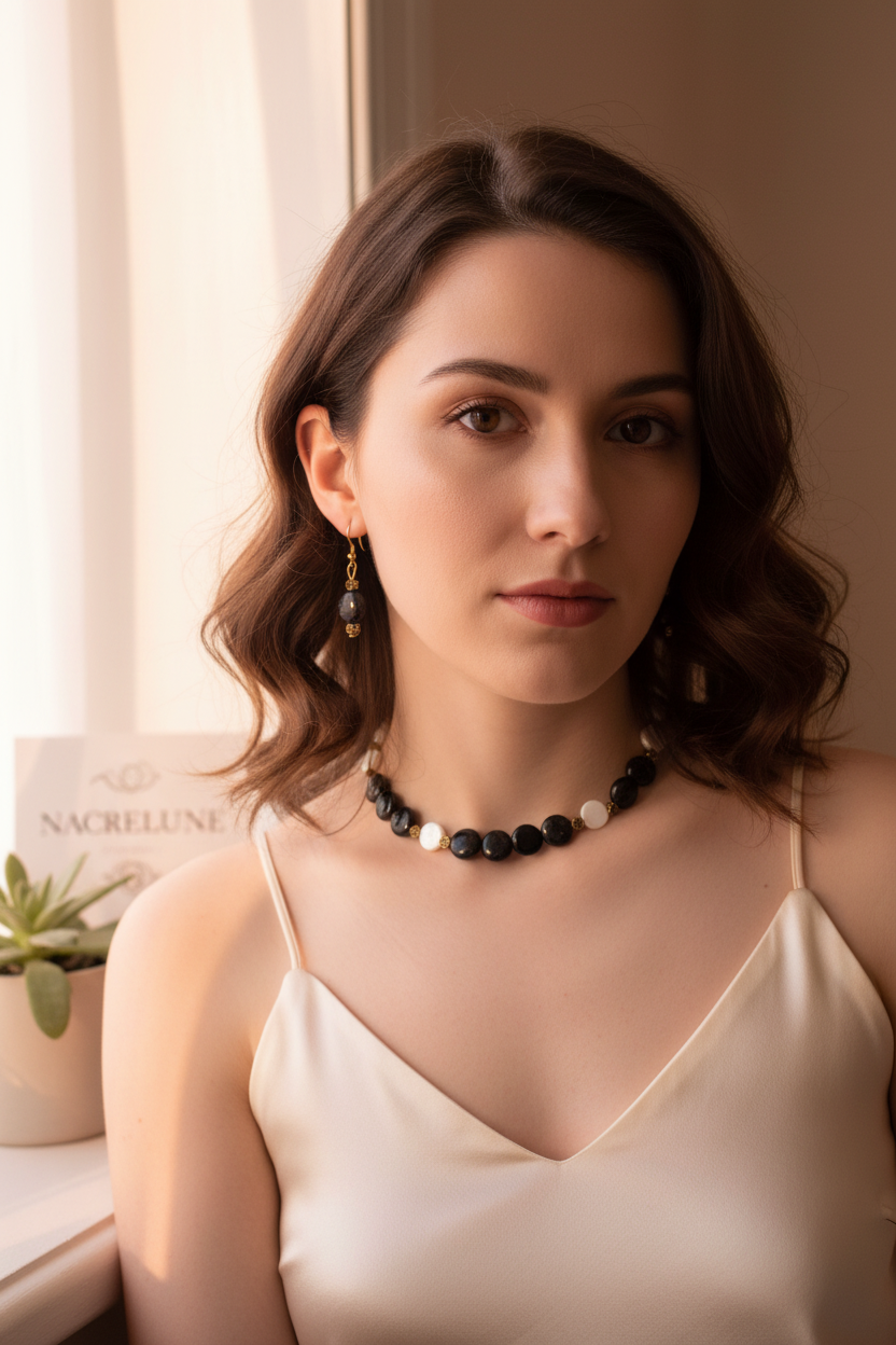 Collier Nacre et Obsidienne nacrelune.com collier