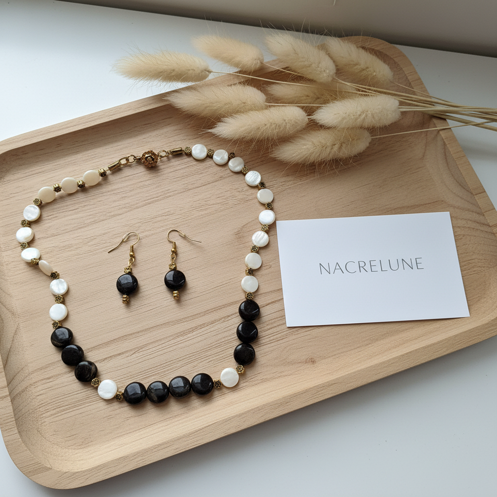Collier Nacre et Obsidienne nacrelune.com collier